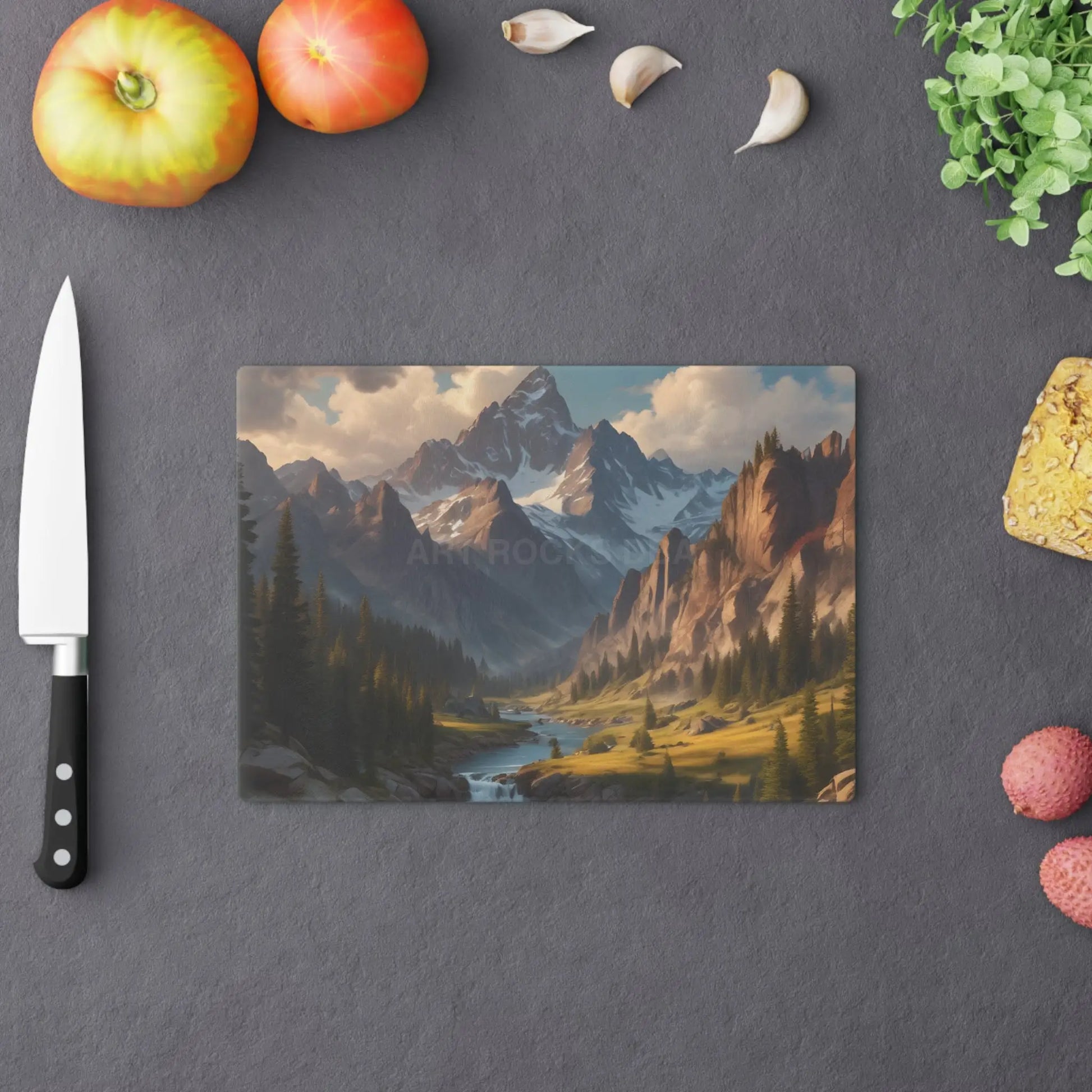 Mountain Valley Cutting Board — Scenic Alpine Landscape Charcuterie & Prep Board - Home Decor