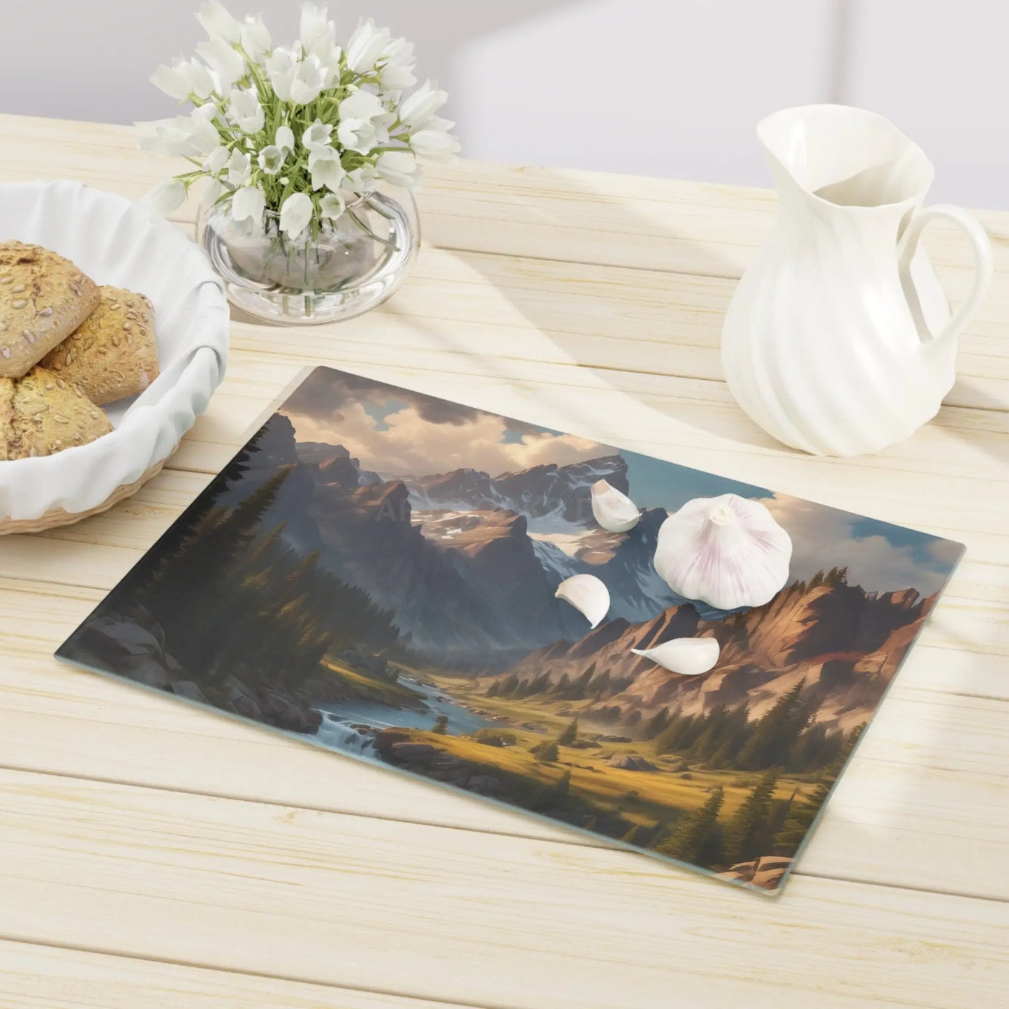 Mountain Valley Cutting Board — Scenic Alpine Landscape Charcuterie & Prep Board - Home Decor
