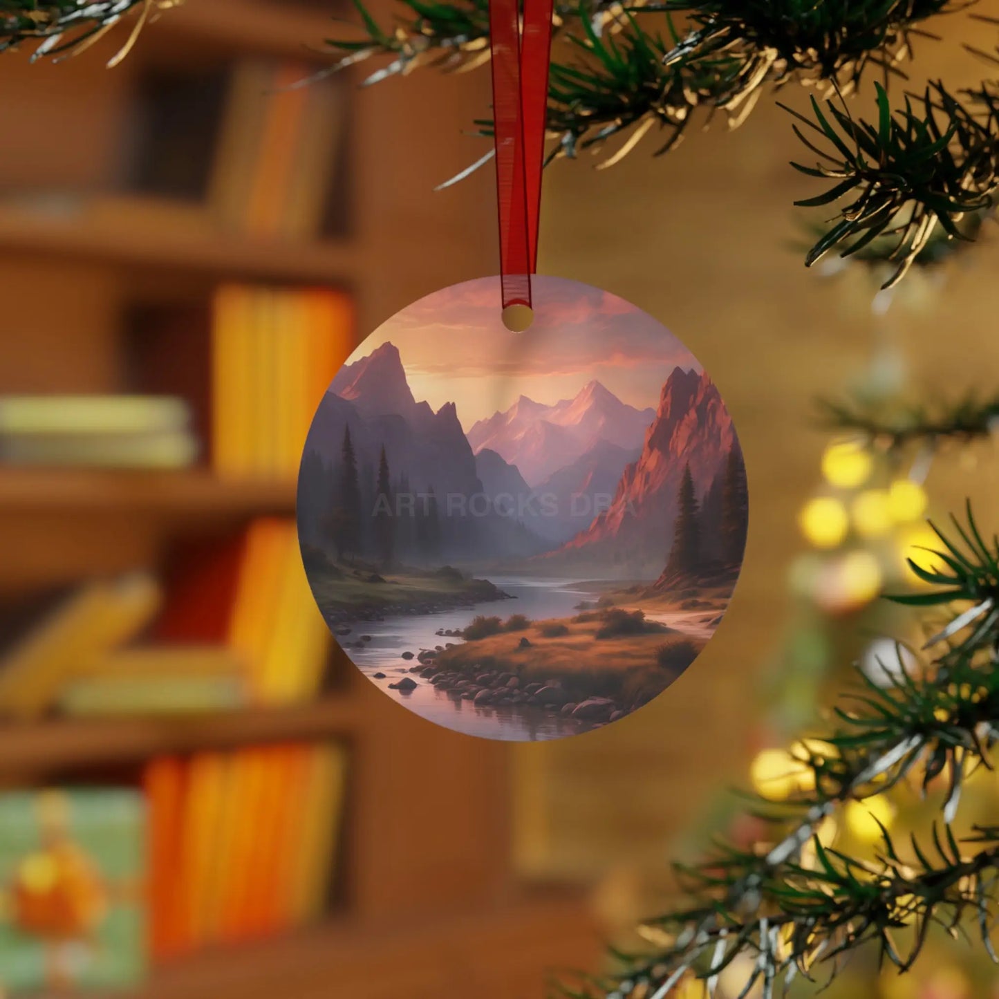 Mountain Valley Metal Ornament — Scenic Sunset Landscape Holiday Décor - Home Decor