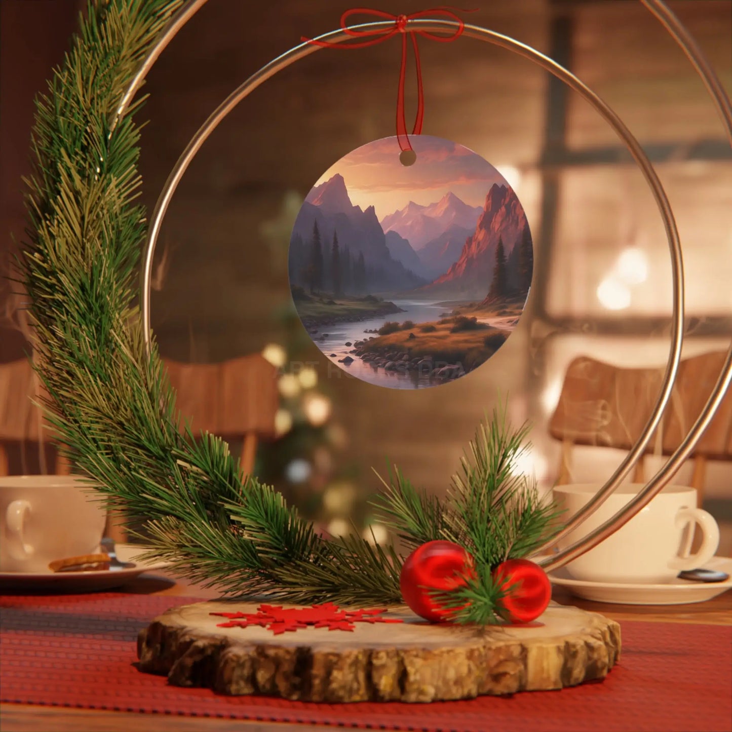 Mountain Valley Metal Ornament — Scenic Sunset Landscape Holiday Décor - Home Decor