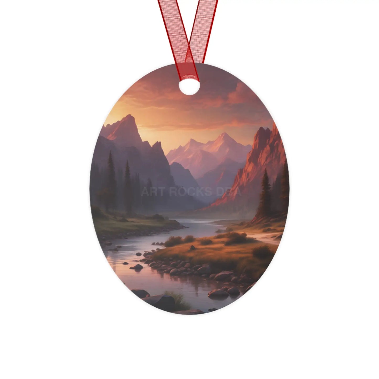 Mountain Valley Metal Ornament — Scenic Sunset Landscape Holiday Décor - Oval / One Size - Home Decor