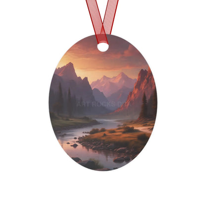 Mountain Valley Metal Ornament — Scenic Sunset Landscape Holiday Décor - Oval / One Size - Home Decor