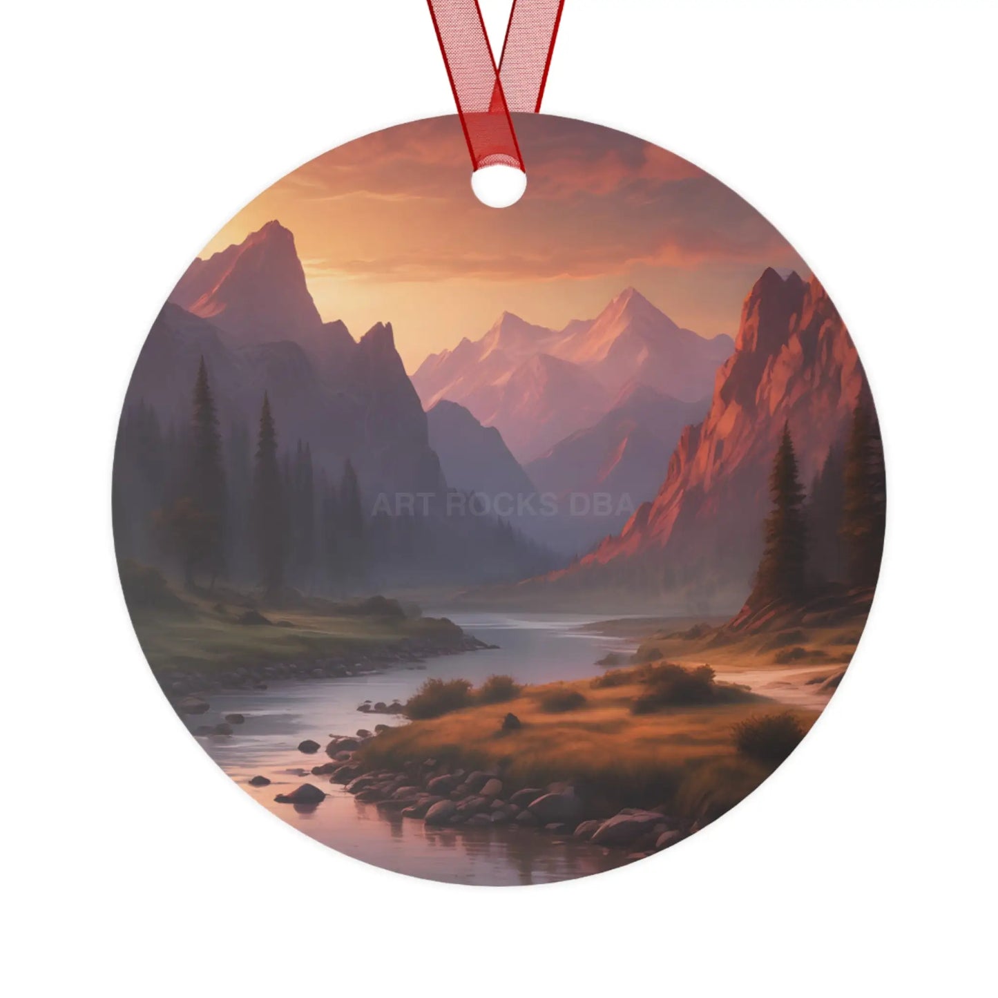 Mountain Valley Metal Ornament — Scenic Sunset Landscape Holiday Décor - Round / One Size - Home Decor