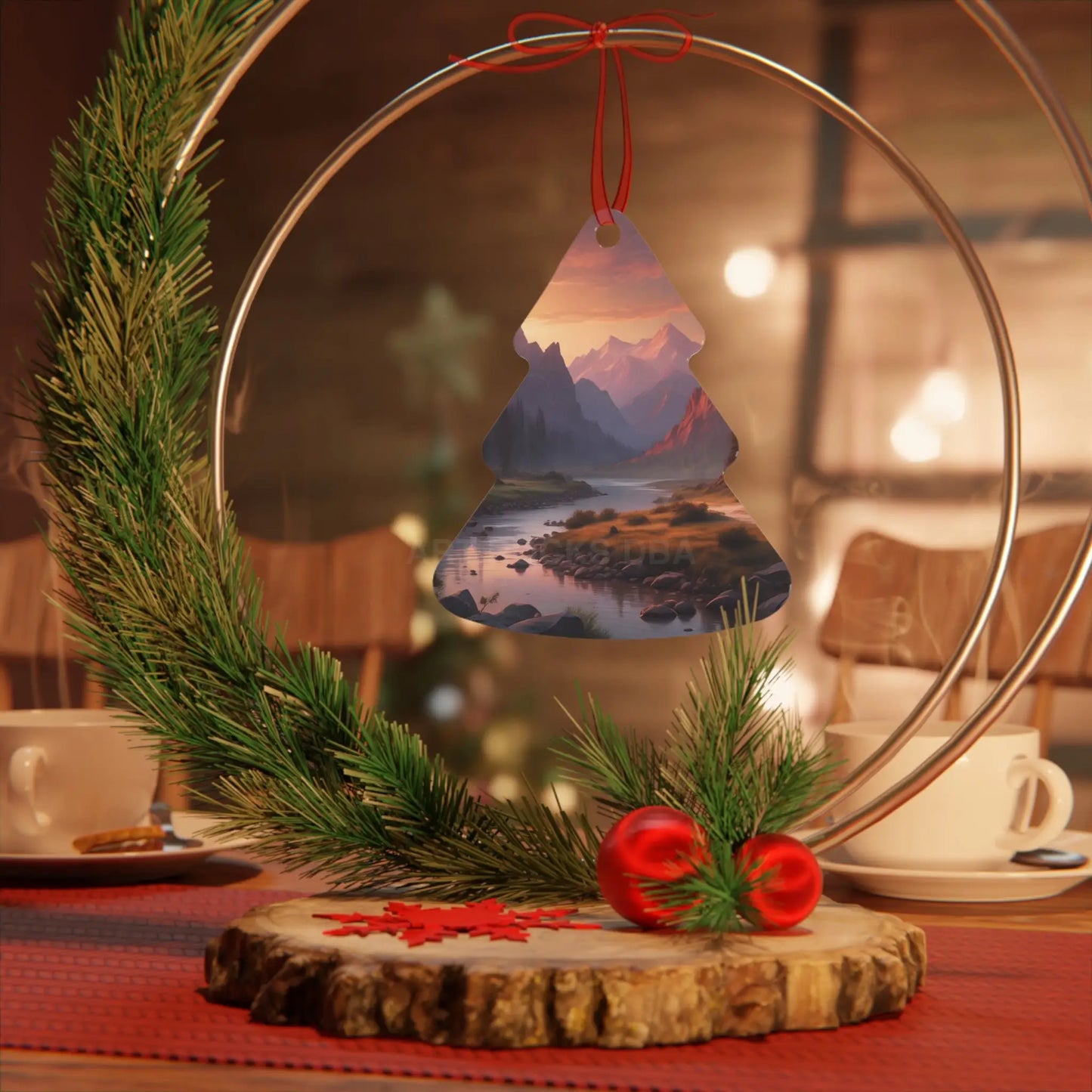 Mountain Valley Metal Ornament — Scenic Sunset Landscape Holiday Décor - Home Decor