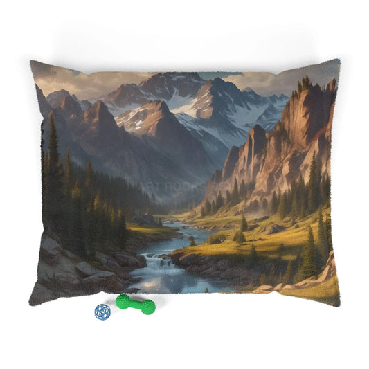 Mountain Valley Pet Bed — Cozy Outdoor Landscape Dog & Cat Cushion - 50’’ × 40’’ - Pets