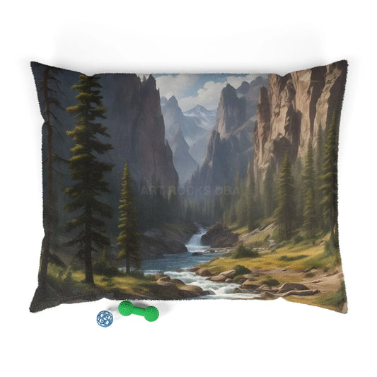 Mountain Valley Pet Bed — Scenic Forest River Dog & Cat Bed - 50’’ × 40’’ - Pets