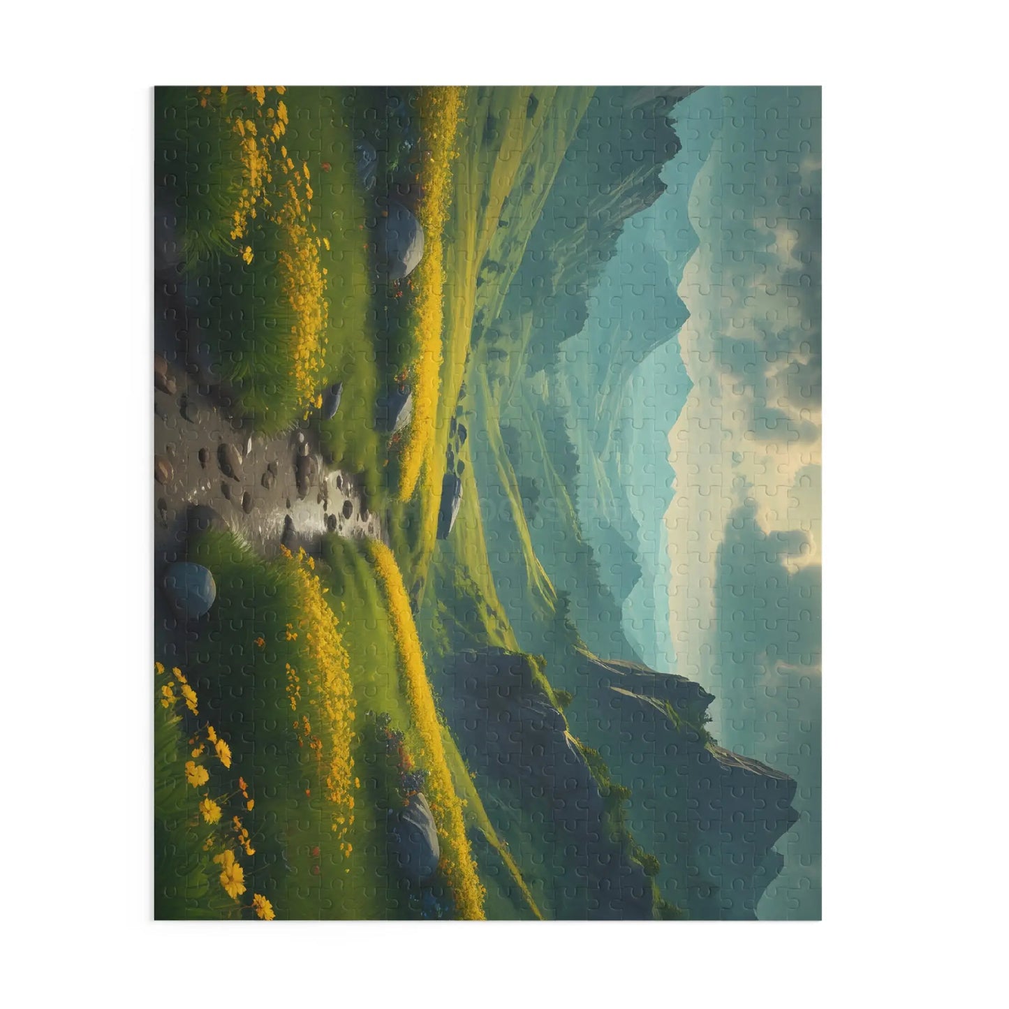 Mountain Valley With Yellow Spring Flowers Jigsaw Puzzle — 120/252/500-Piece - Puzzle