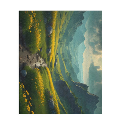 Mountain Valley With Yellow Spring Flowers Jigsaw Puzzle — 120/252/500-Piece - Puzzle