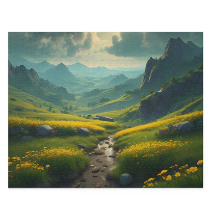 Mountain Valley With Yellow Spring Flowers Jigsaw Puzzle — 120/252/500-Piece - 20’’ × 16’’ (500 pcs) - Puzzle