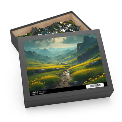 Mountain Valley With Yellow Spring Flowers Jigsaw Puzzle — 120/252/500-Piece - Puzzle