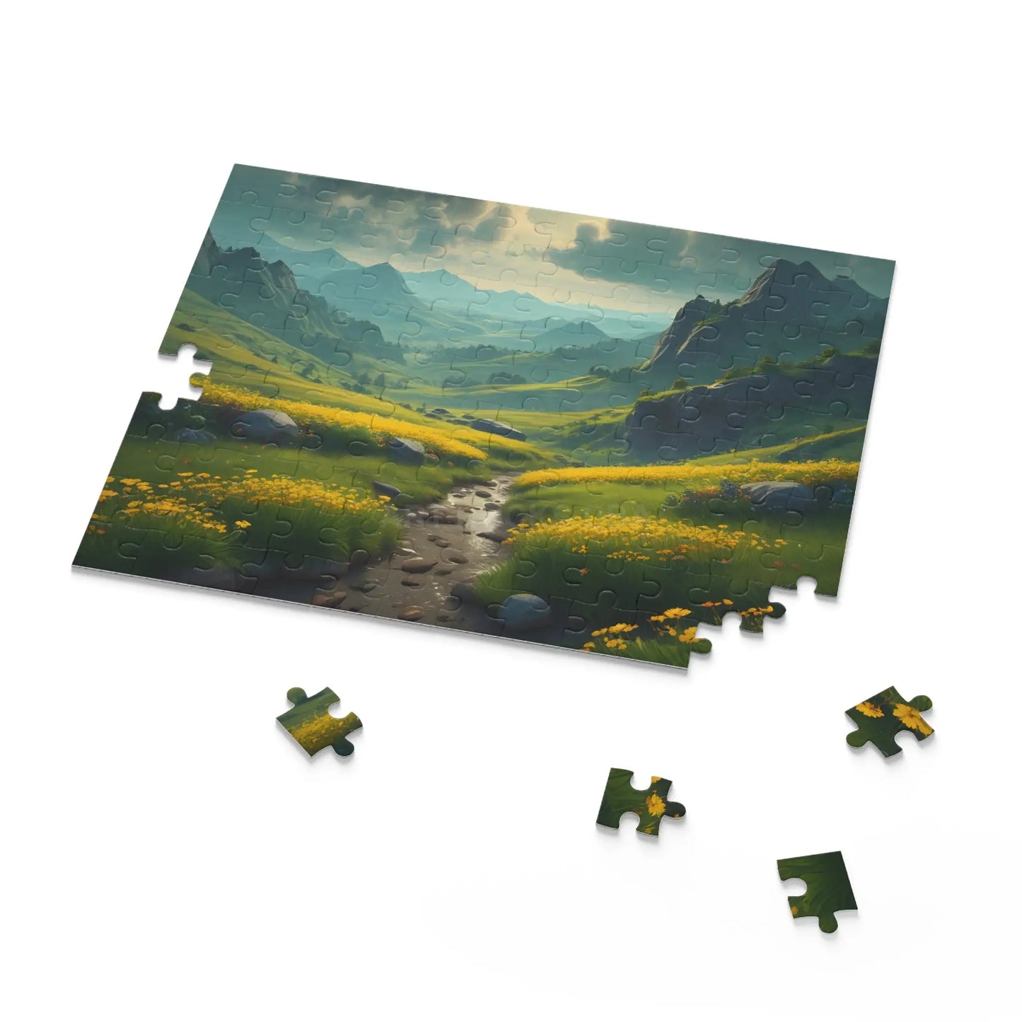 Mountain Valley With Yellow Spring Flowers Jigsaw Puzzle — 120/252/500-Piece - Puzzle