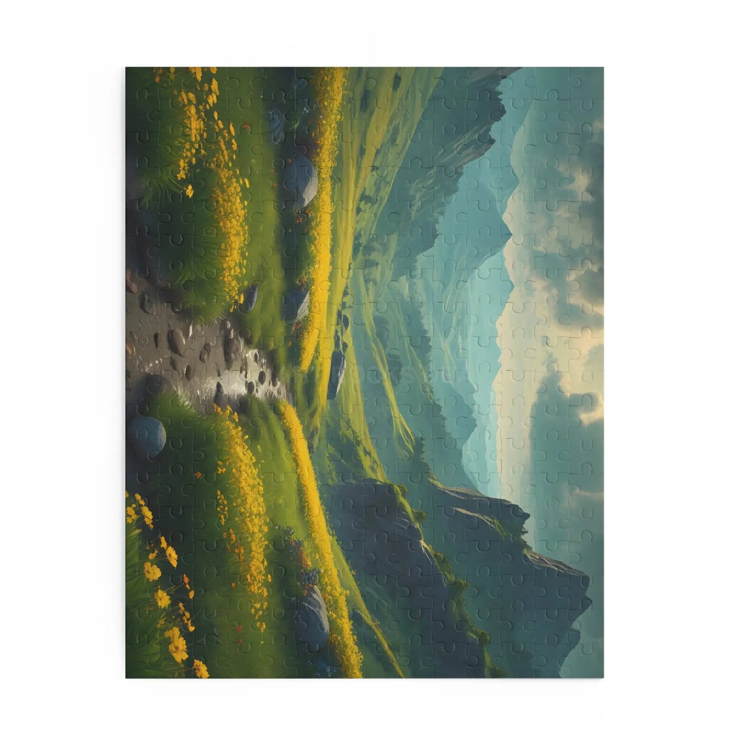 Mountain Valley With Yellow Spring Flowers Jigsaw Puzzle — 120/252/500-Piece - Puzzle