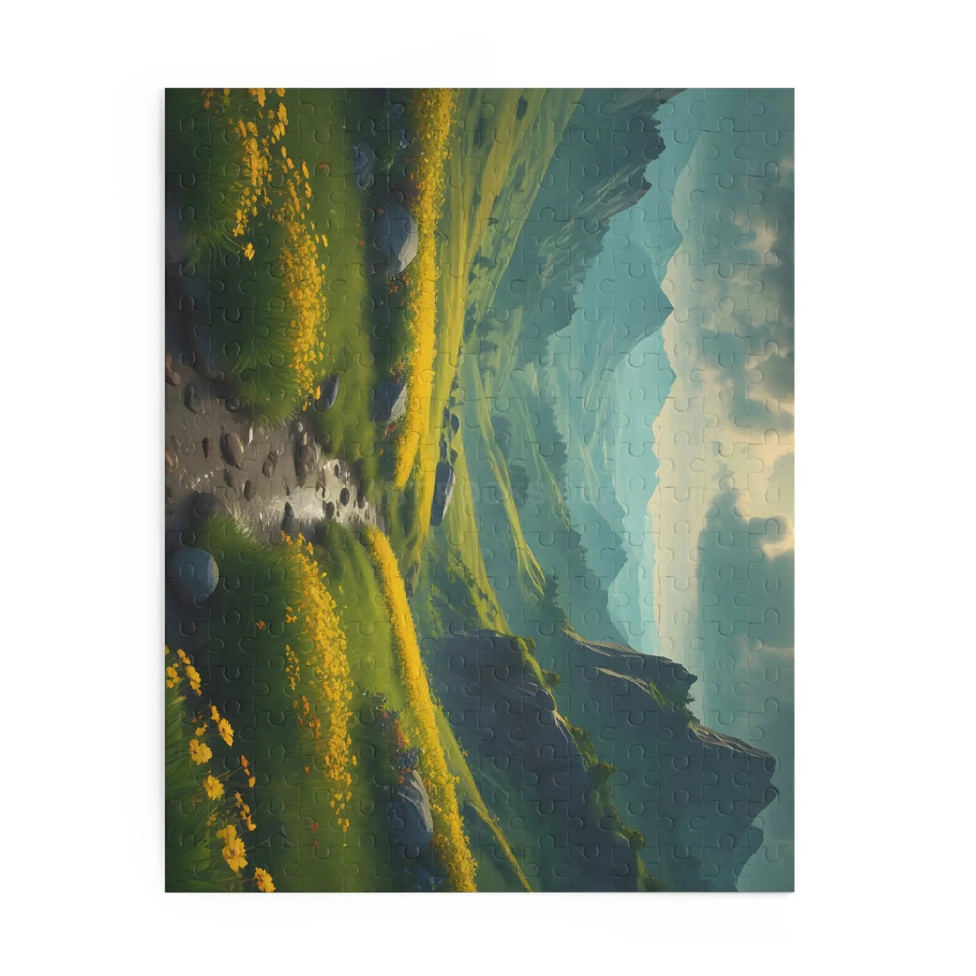 Mountain Valley With Yellow Spring Flowers Jigsaw Puzzle — 120/252/500-Piece - Puzzle