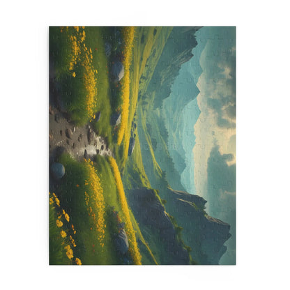 Mountain Valley With Yellow Spring Flowers Jigsaw Puzzle — 120/252/500-Piece - Puzzle