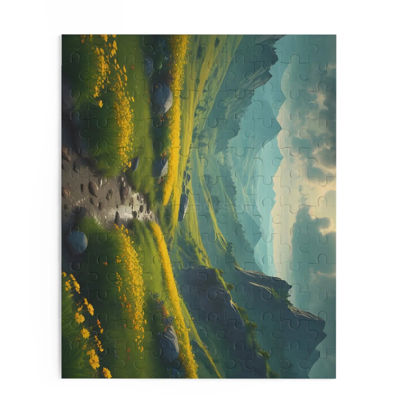 Mountain Valley With Yellow Spring Flowers Jigsaw Puzzle — 120/252/500-Piece - Puzzle