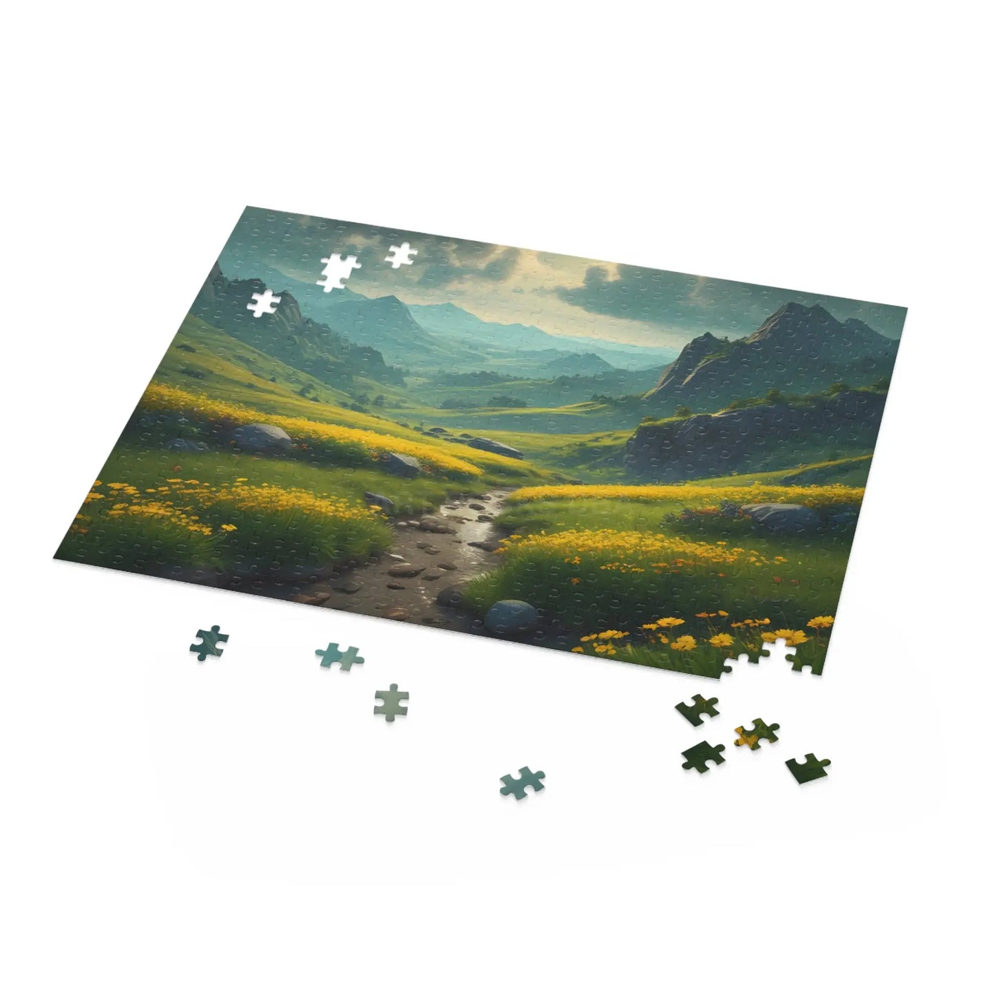Mountain Valley With Yellow Spring Flowers Jigsaw Puzzle — 120/252/500-Piece - Puzzle