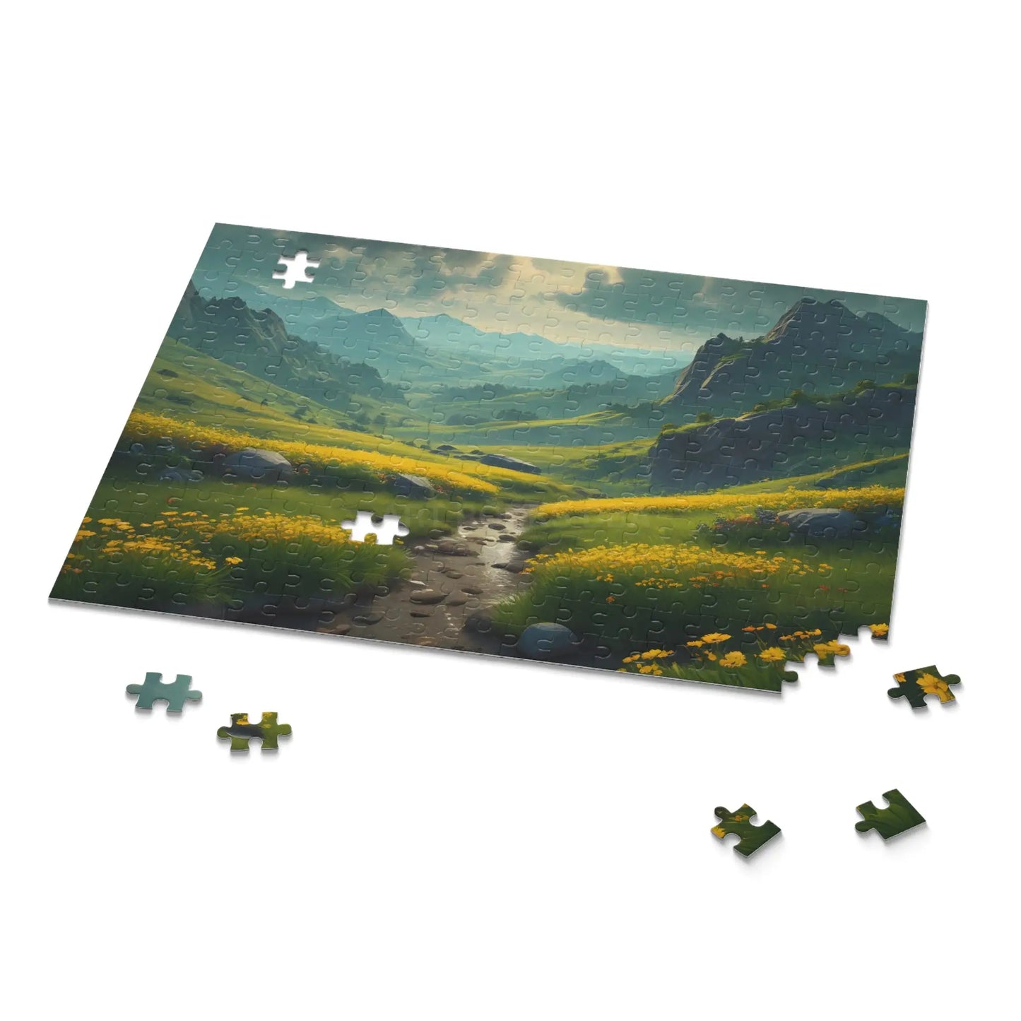 Mountain Valley With Yellow Spring Flowers Jigsaw Puzzle — 120/252/500-Piece - Puzzle