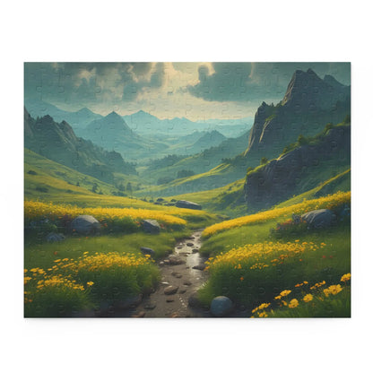 Mountain Valley With Yellow Spring Flowers Jigsaw Puzzle — 120/252/500-Piece - 14’’ × 11’’ (252 pcs) - Puzzle