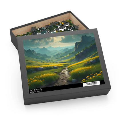 Mountain Valley With Yellow Spring Flowers Jigsaw Puzzle — 120/252/500-Piece - 10’’ × 8’’ (120 pcs) - Puzzle