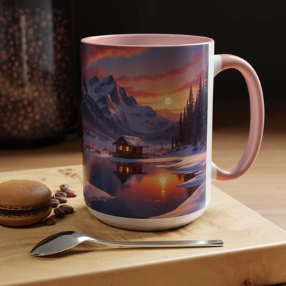 Mountain Winter Cabin Sunset Coffee Mug - Lakeside Cabin Scenic Accent Mug (11/15 oz) - Mug