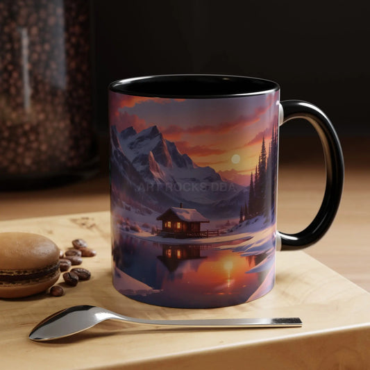 Mountain Winter Cabin Sunset Coffee Mug - Lakeside Cabin Scenic Accent Mug (11/15 oz) - 11oz / Black - Mug