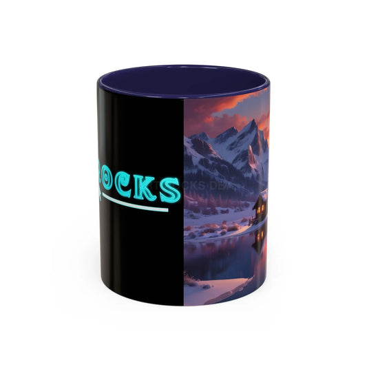 Mountain Winter Cabin Sunset Coffee Mug - Lakeside Cabin Scenic Accent Mug (11/15 oz) - 11oz / Navy - Mug