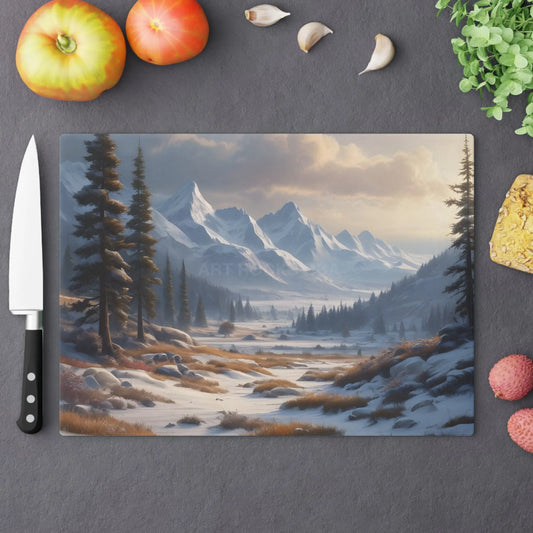Mountain Winter Scene Cutting Board — Snowy Alpine Landscape Kitchen Board - Large - Home Decor