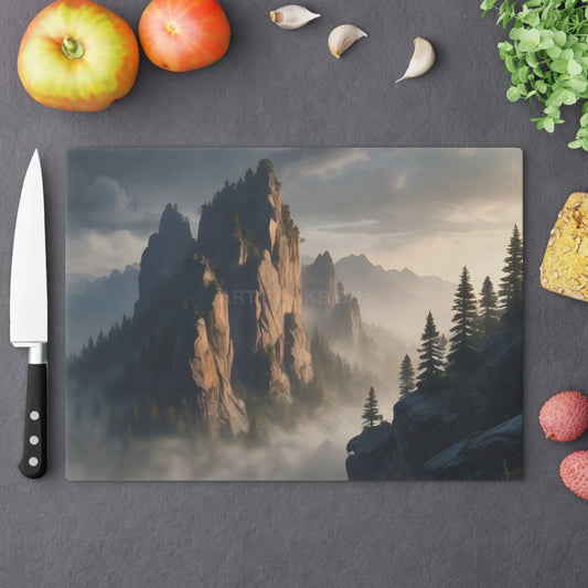 Mountaintop Mist Cutting Board — Scenic Pine Forest Landscape - Large - Home Decor