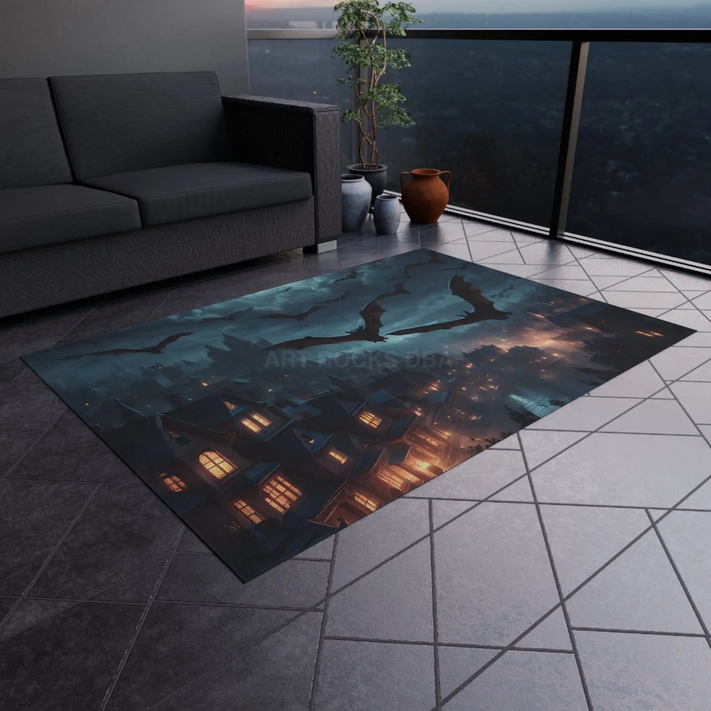 Mysterious Bat-Themed Outdoor Rug | Halloween Decor Patio Mat Spooky Home Accent Outdoor Living Cozy Vibes - 60’’ ×