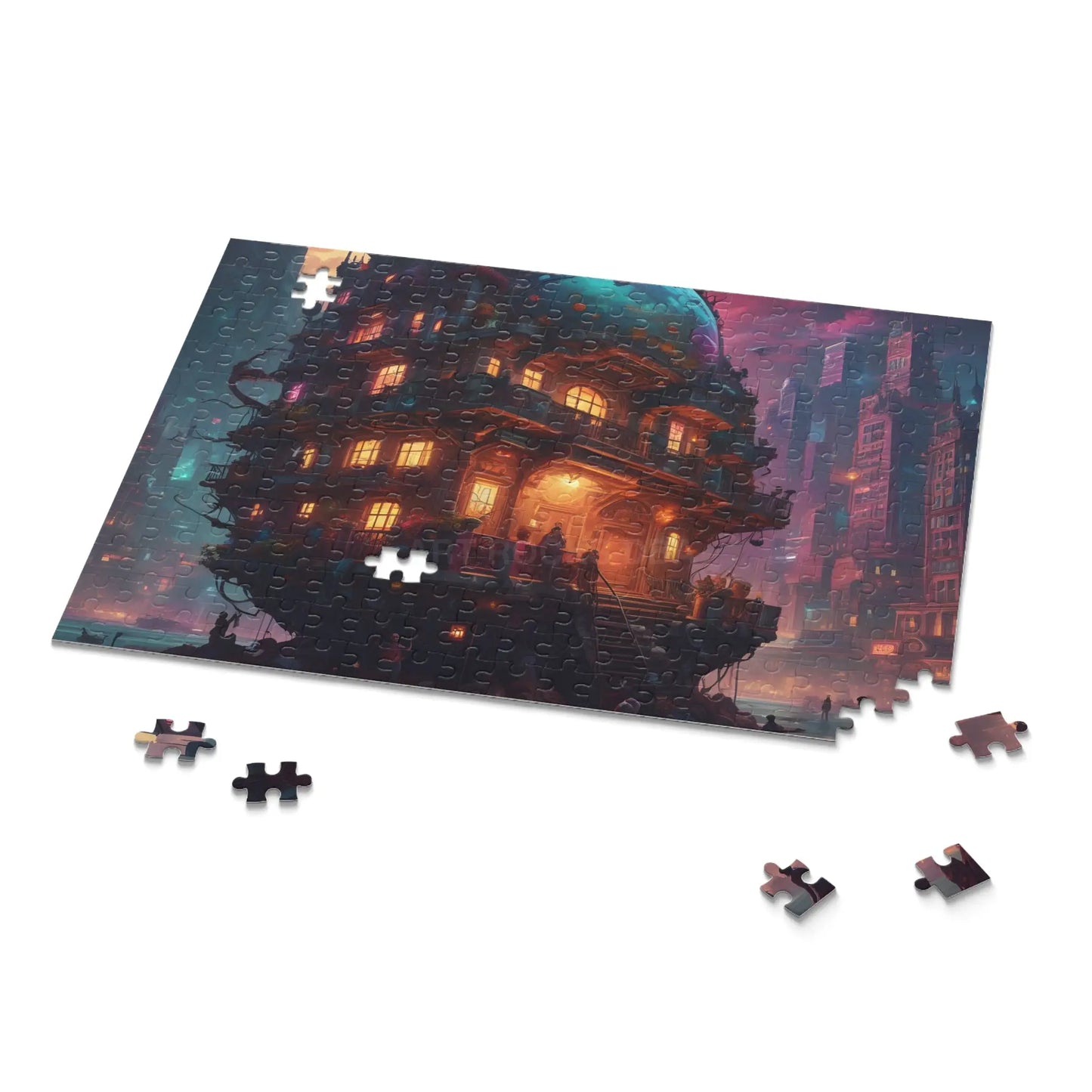 Mystic Psychedelic City Puzzle — Fantasy Steampunk Floating House Jigsaw (120/252/500 pcs) - Puzzle