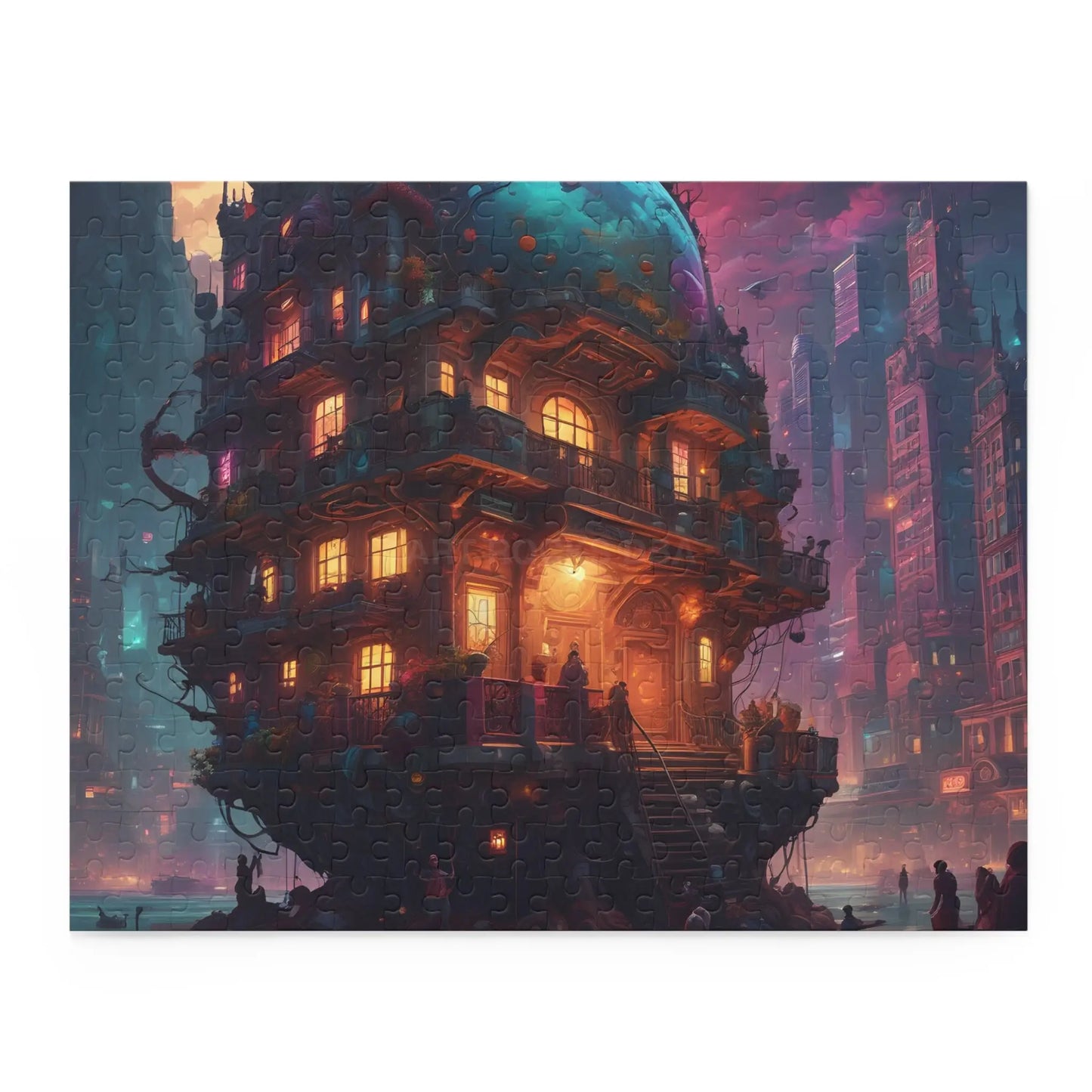 Mystic Psychedelic City Puzzle — Fantasy Steampunk Floating House Jigsaw (120/252/500 pcs) - 14’’ × 11’’ (252 pcs)