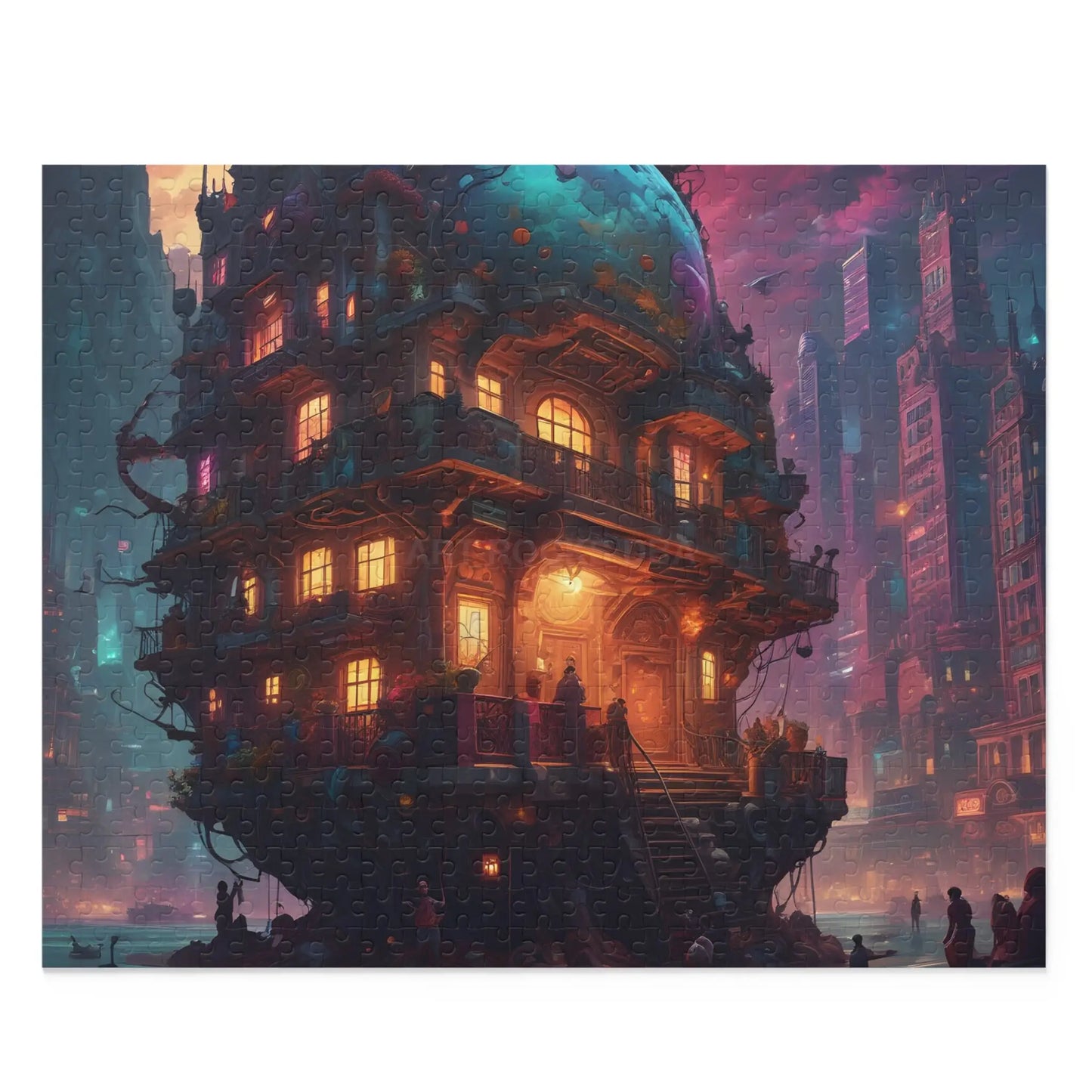 Mystic Psychedelic City Puzzle — Fantasy Steampunk Floating House Jigsaw (120/252/500 pcs) - 20’’ × 16’’ (500 pcs)