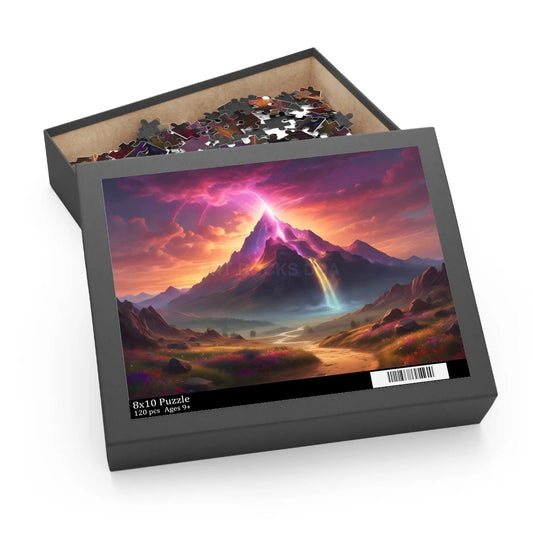 Mystic Rainbow Waterfall Mountain Puzzle — Sunset Lightning 120/252/500‑Piece Scenic Jigsaw - 10’’ × 8’’ (120 pcs)