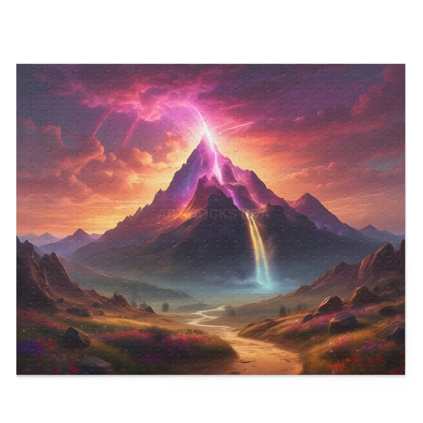Mystic Rainbow Waterfall Mountain Puzzle — Sunset Lightning 120/252/500‑Piece Scenic Jigsaw - 20’’ × 16’’ (500 pcs)
