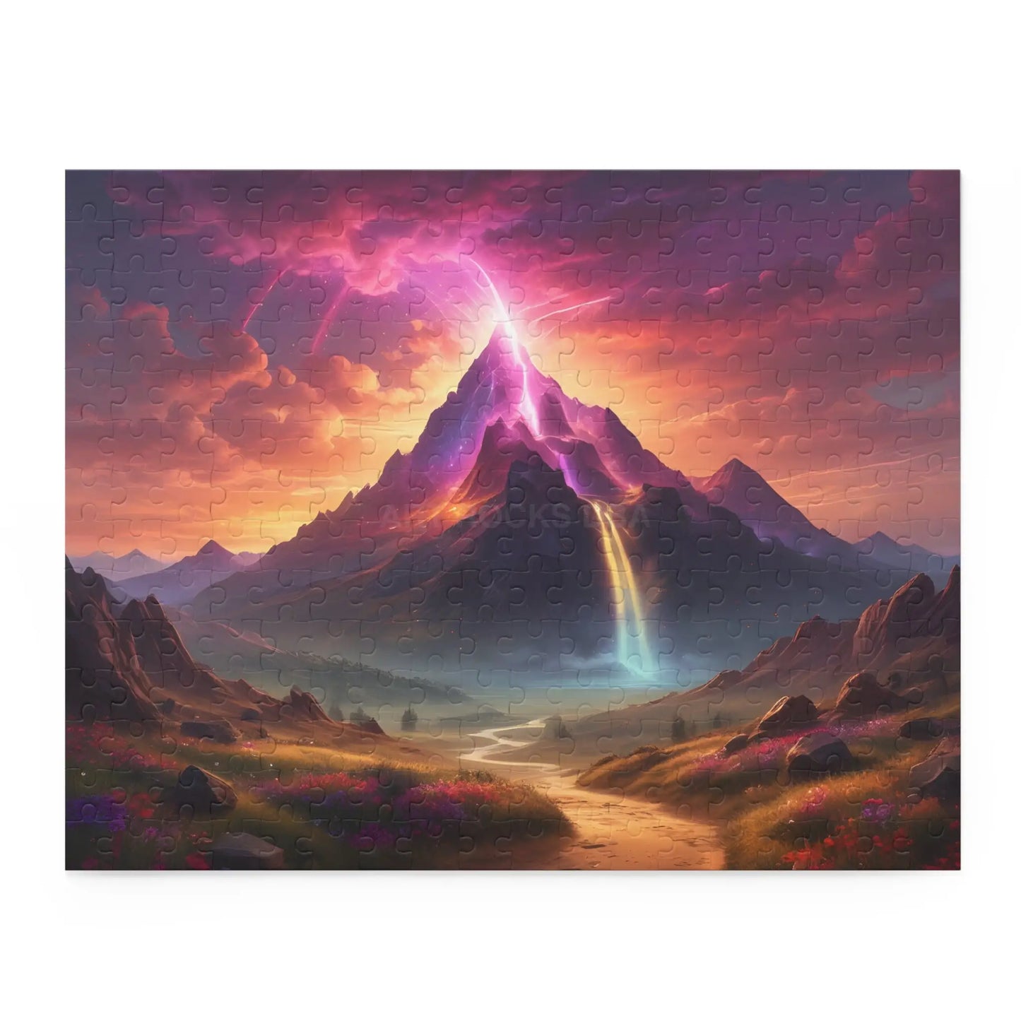 Mystic Rainbow Waterfall Mountain Puzzle — Sunset Lightning 120/252/500‑Piece Scenic Jigsaw - 14’’ × 11’’ (252 pcs)