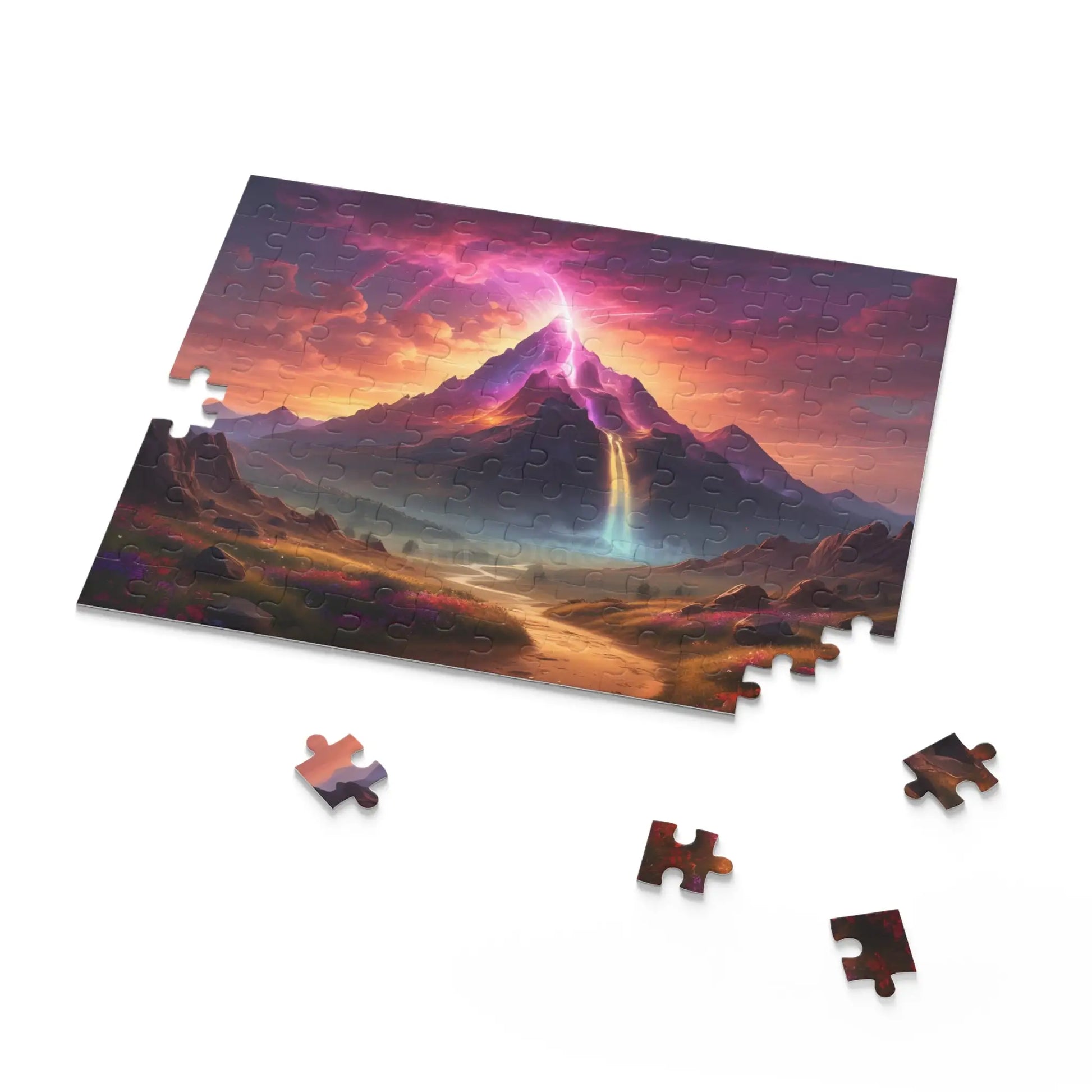 Mystic Rainbow Waterfall Mountain Puzzle — Sunset Lightning 120/252/500‑Piece Scenic Jigsaw - Puzzle