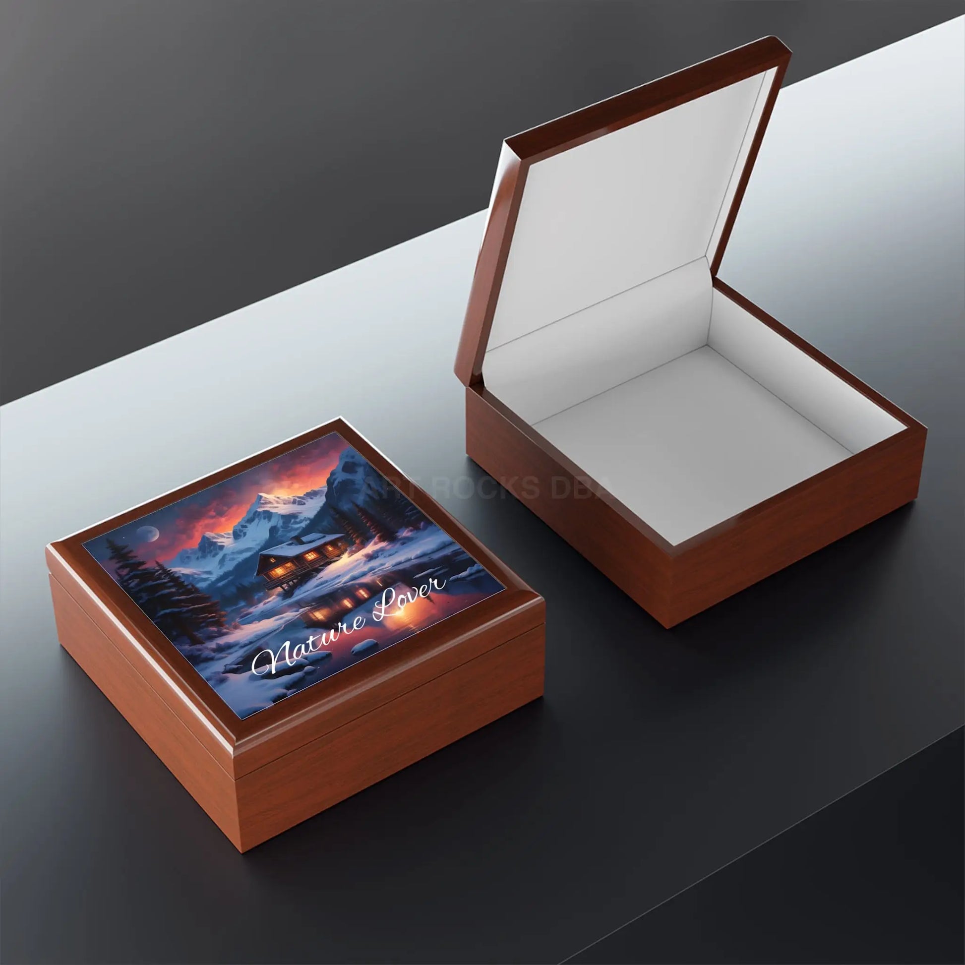 Nature Lover Jewelry Box — Mountain Cabin Snowy Landscape Music Box-Style Keepsake - Home Decor
