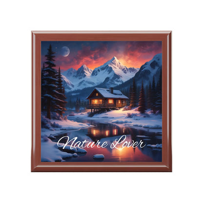 Nature Lover Jewelry Box — Mountain Cabin Snowy Landscape Music Box-Style Keepsake - Golden Oak / One size - Home Decor