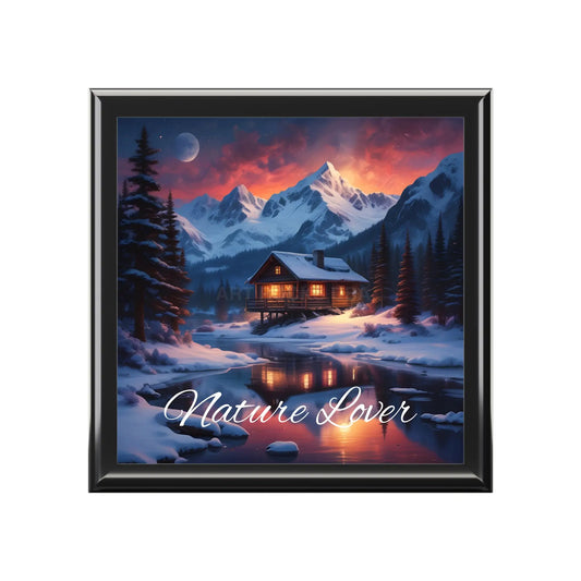 Nature Lover Jewelry Box — Mountain Cabin Snowy Landscape Music Box-Style Keepsake - Ebony Black / One size - Home Decor