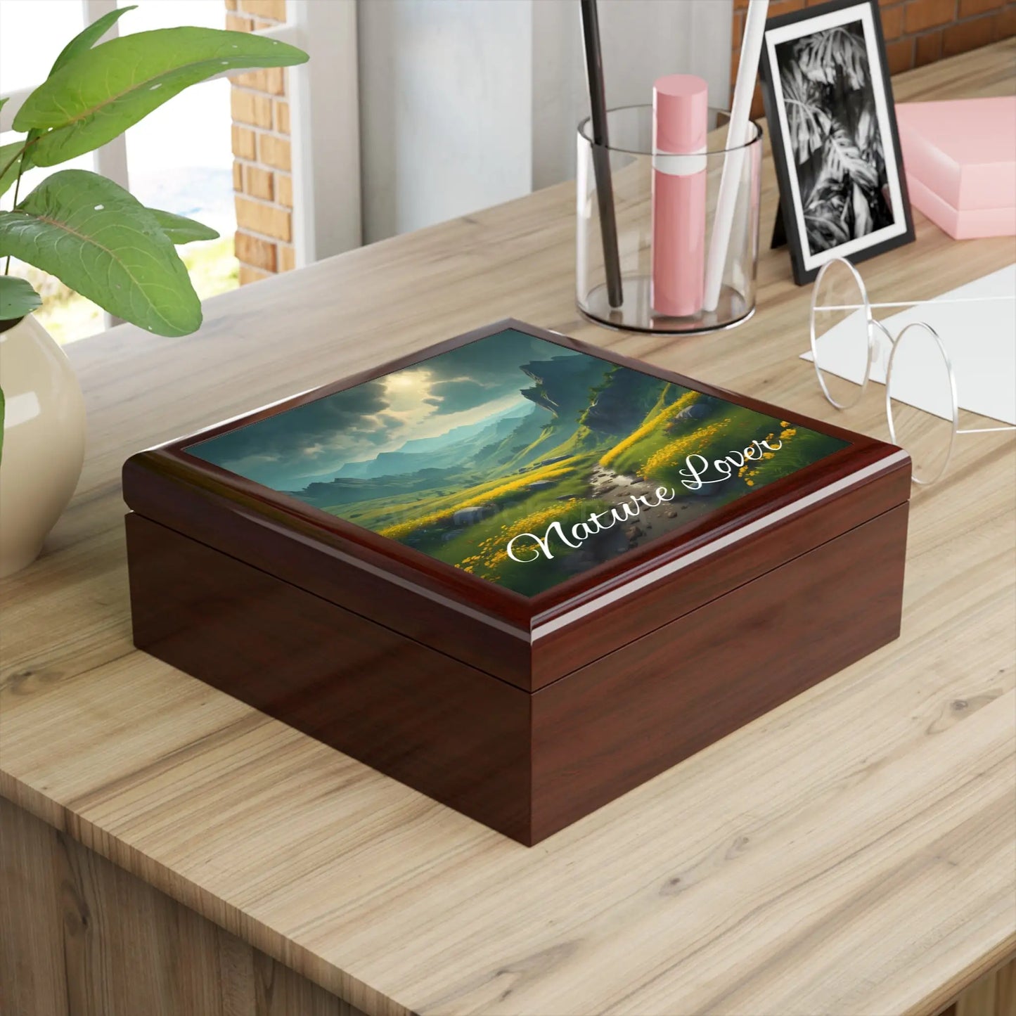 Nature Lover Jewelry Box — Scenic Mountain Keepsake Box with ’Nature Lover’ Script - Home Decor