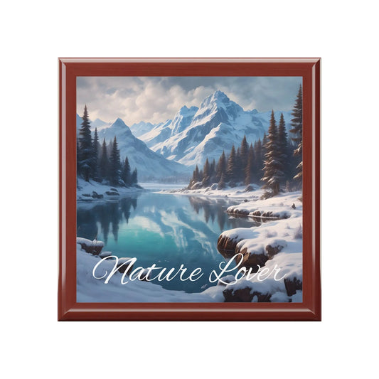 Nature Lover Jewelry Box — Snowy Mountain Lake Keepsake Box - Red Mahogany / One size - Home Decor