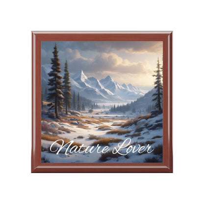 Nature Lover Jewelry Box — Snowy Mountain Landscape Wooden Keepsake Box - Golden Oak / One size - Home Decor