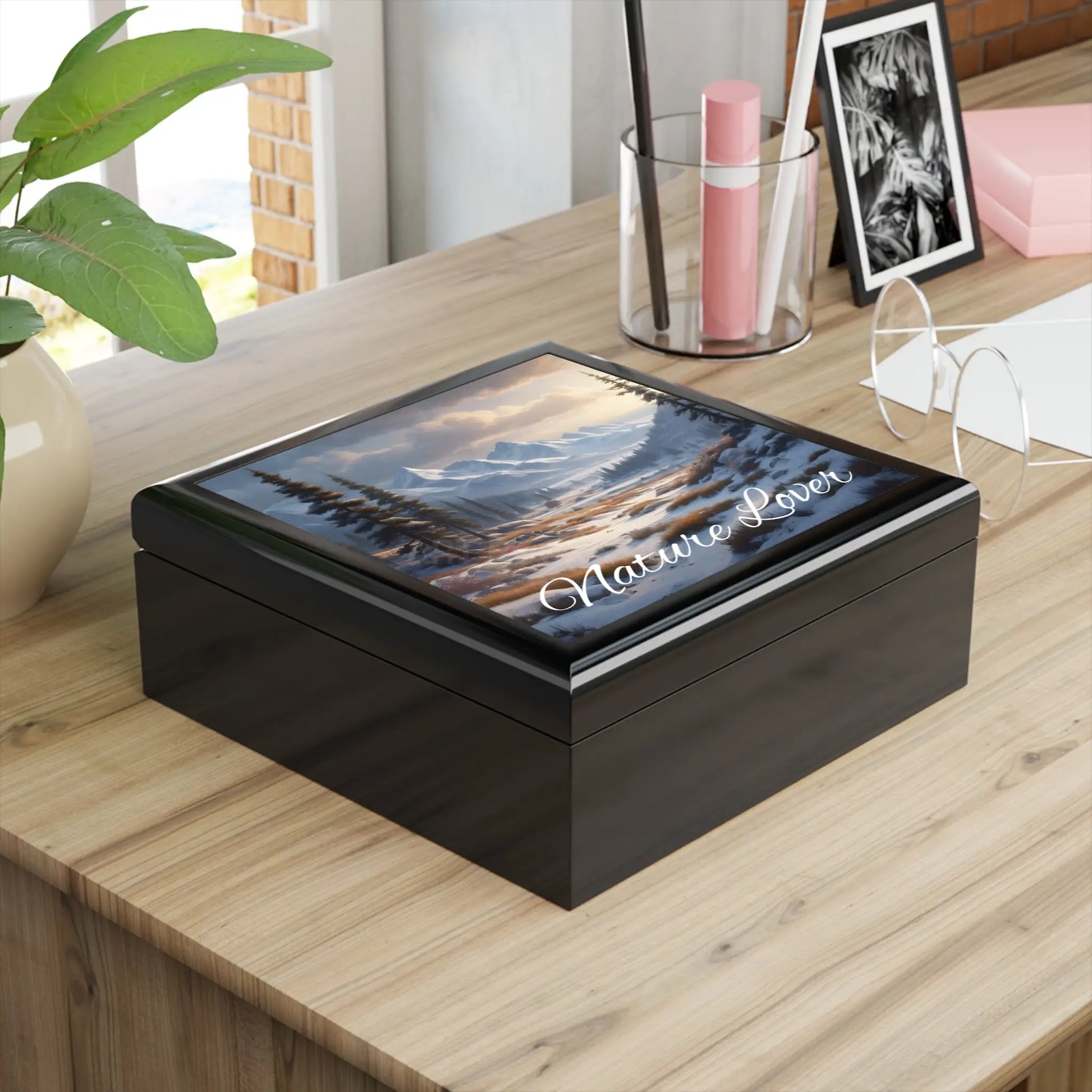 Nature Lover Jewelry Box — Snowy Mountain Landscape Wooden Keepsake Box - Home Decor