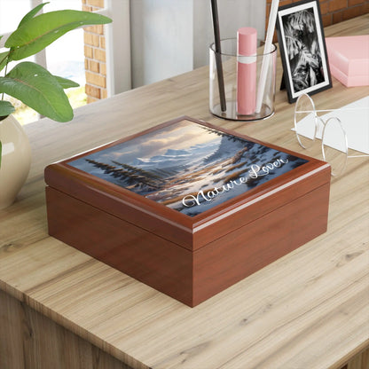 Nature Lover Jewelry Box — Snowy Mountain Landscape Wooden Keepsake Box - Home Decor