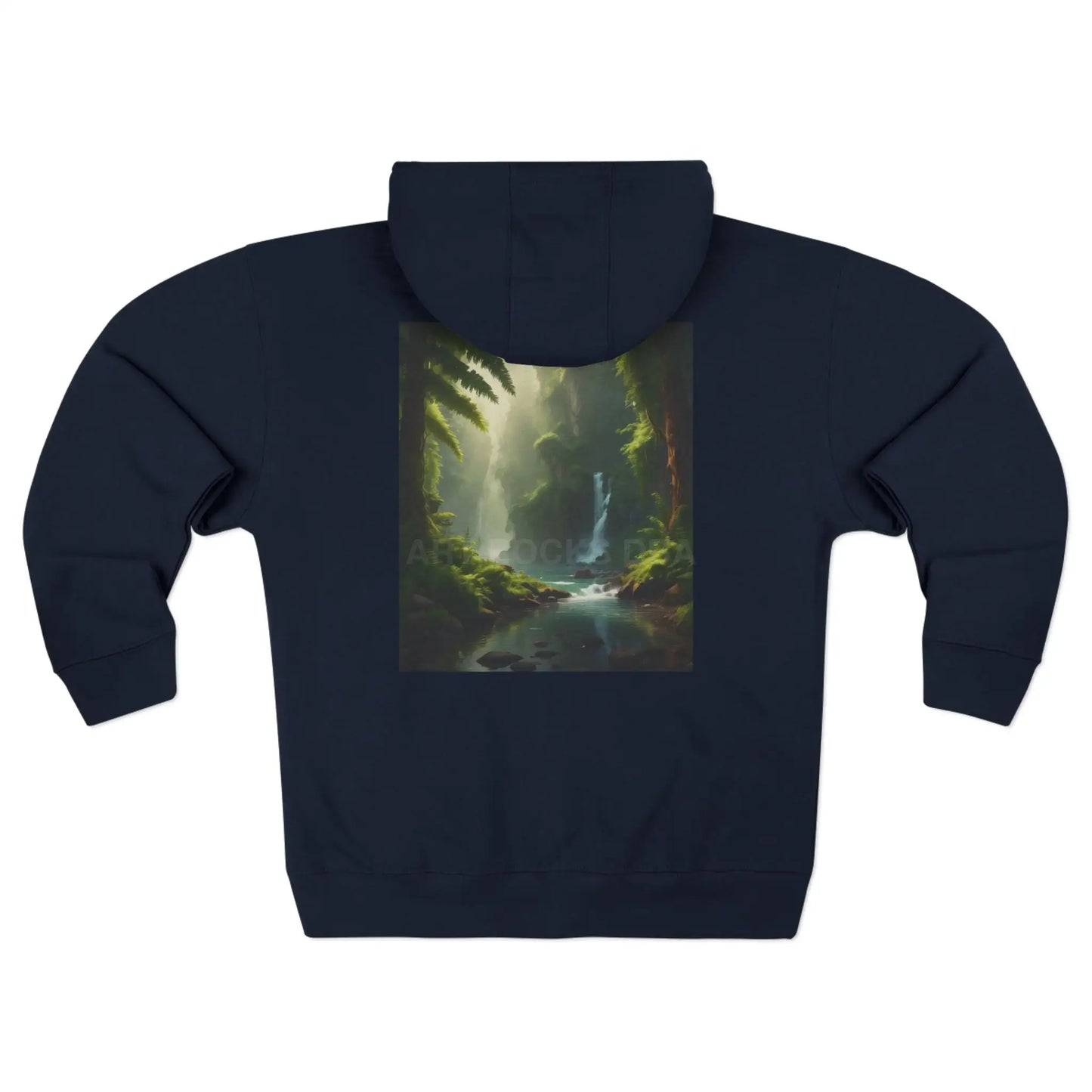 Nature Waterfall Graphic & Retro ’ART ROCKS’ Text Zip Up Hoodie Sweatshirt - XS / Navy - Hoodie