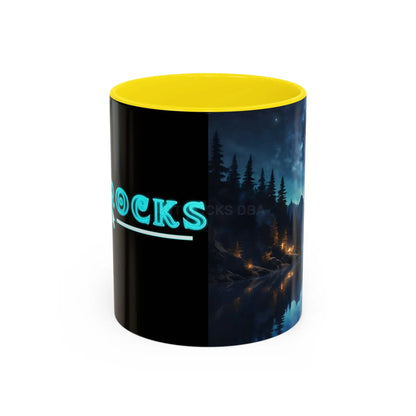 Night Lakeside Coffee Mug — Cozy Forest Reflection Accent Mug (11/15 oz) - 11oz / Yellow - Mug
