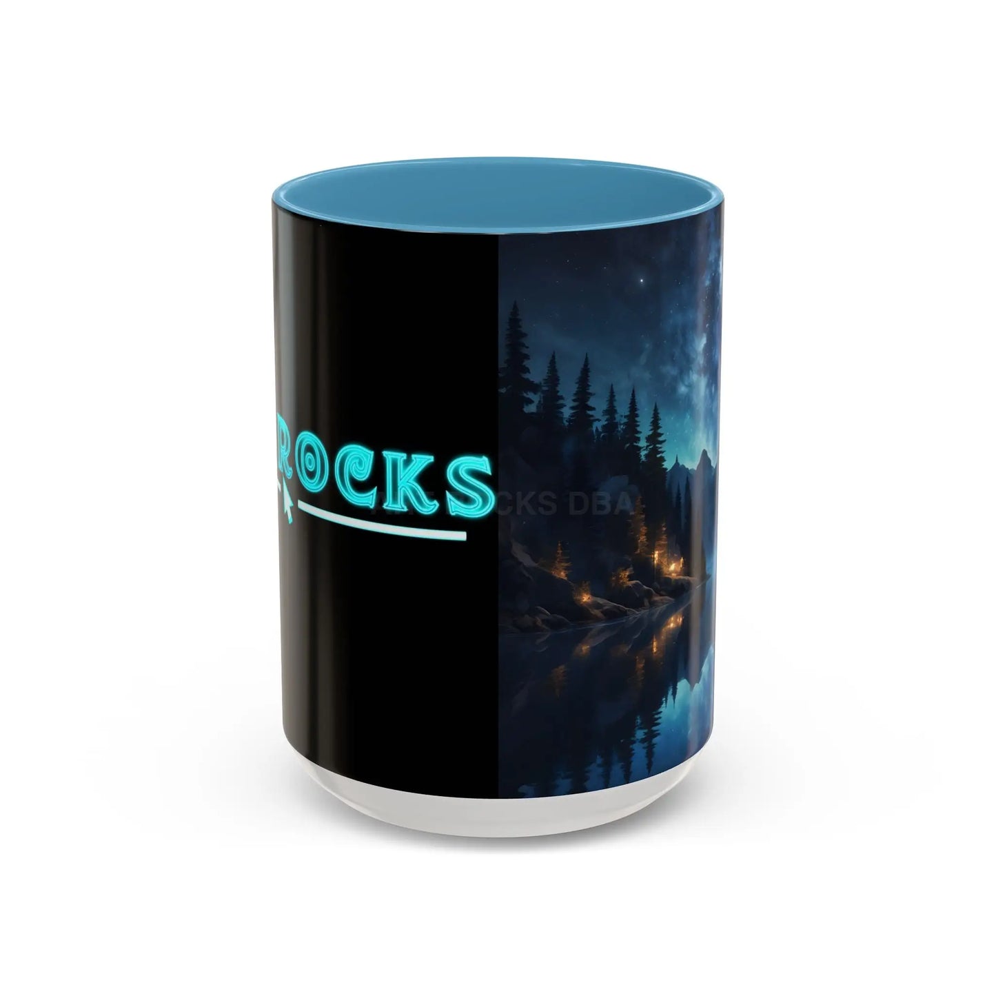 Night Lakeside Coffee Mug — Cozy Forest Reflection Accent Mug (11/15 oz) - 15oz / Light Blue - Mug