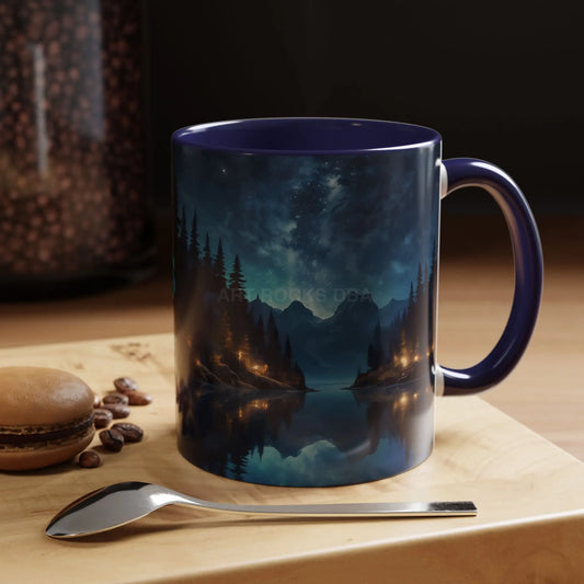 Night Lakeside Coffee Mug — Cozy Forest Reflection Accent Mug (11/15 oz) - 11oz / Navy - Mug