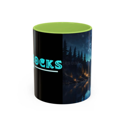 Night Lakeside Coffee Mug — Cozy Forest Reflection Accent Mug (11/15 oz) - 11oz / Light Green - Mug