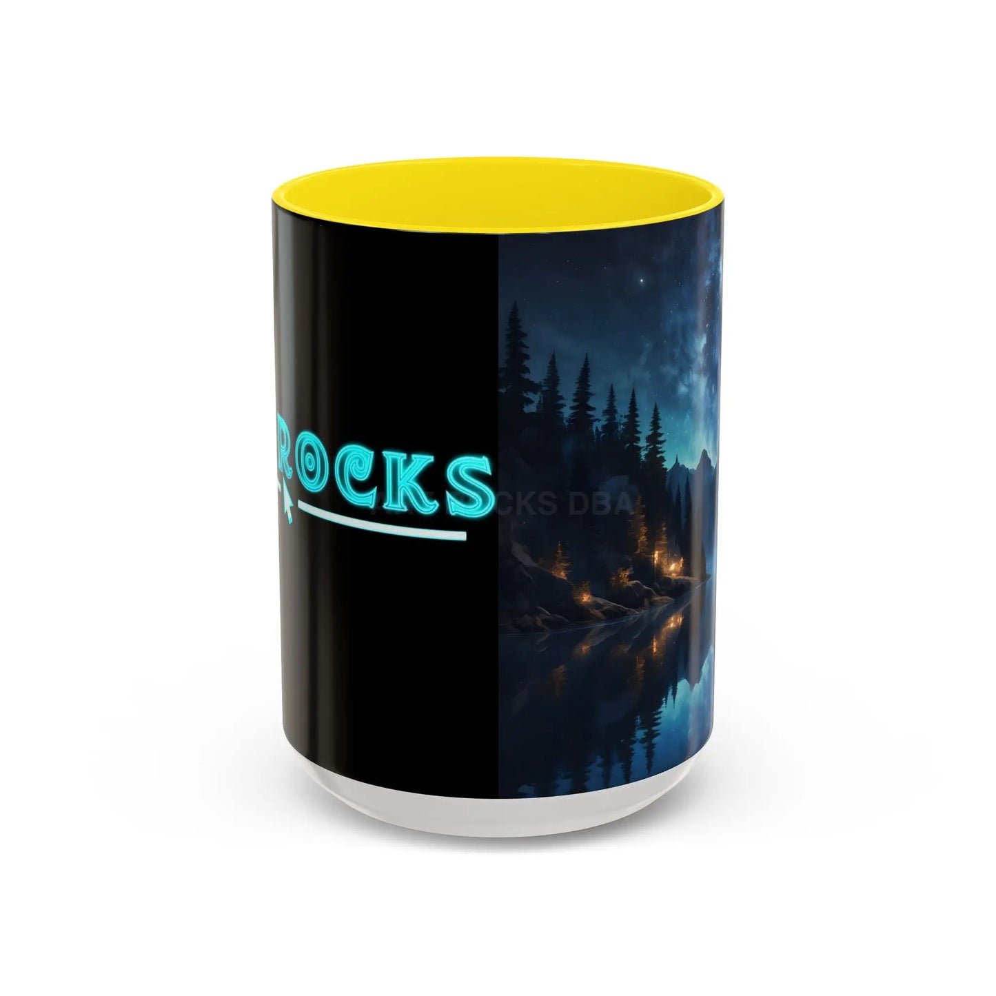 Night Lakeside Coffee Mug — Cozy Forest Reflection Accent Mug (11/15 oz) - 15oz / Yellow - Mug